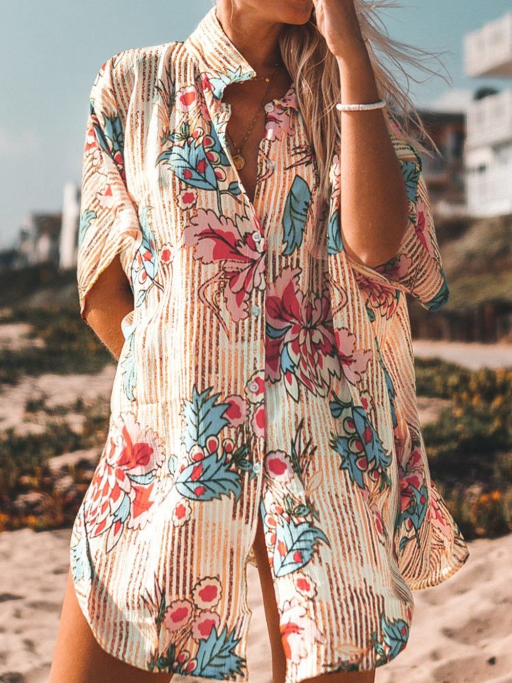 Cupshe oversized tropical boho surfer vacation button up cover up swim top L